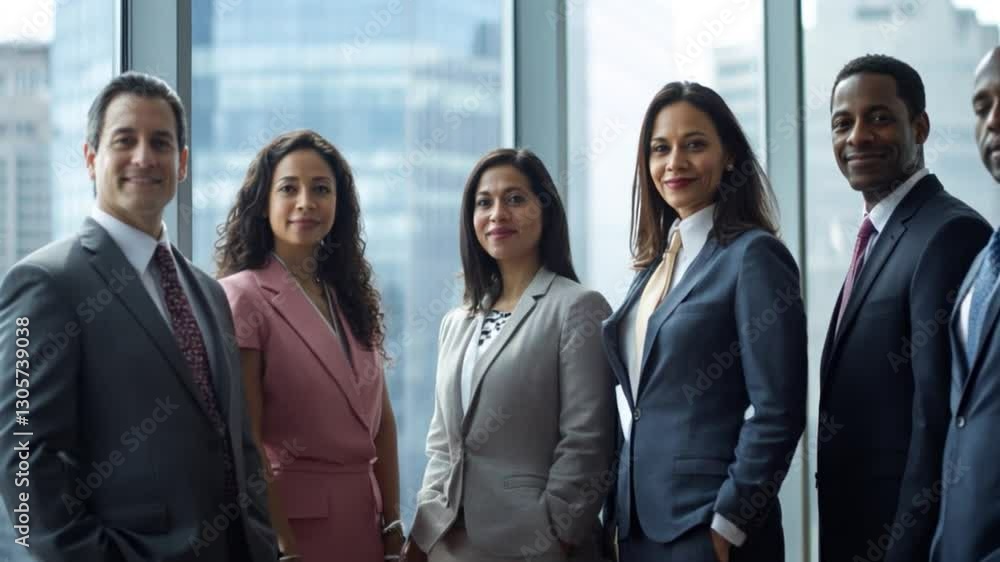 A group of confident professionals in business attire pose in a modern office environment, showcasing teamwork and diversity. A group of confident professionals in business attire pose in a modern office environment, showcasing teamwork and diversity.