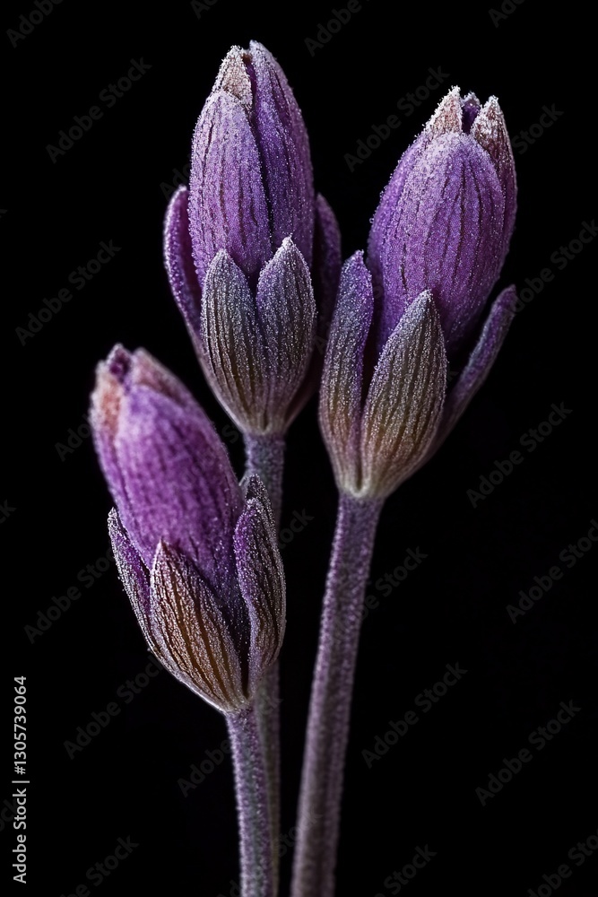 Naklejka premium Three purple flower buds on dark background.