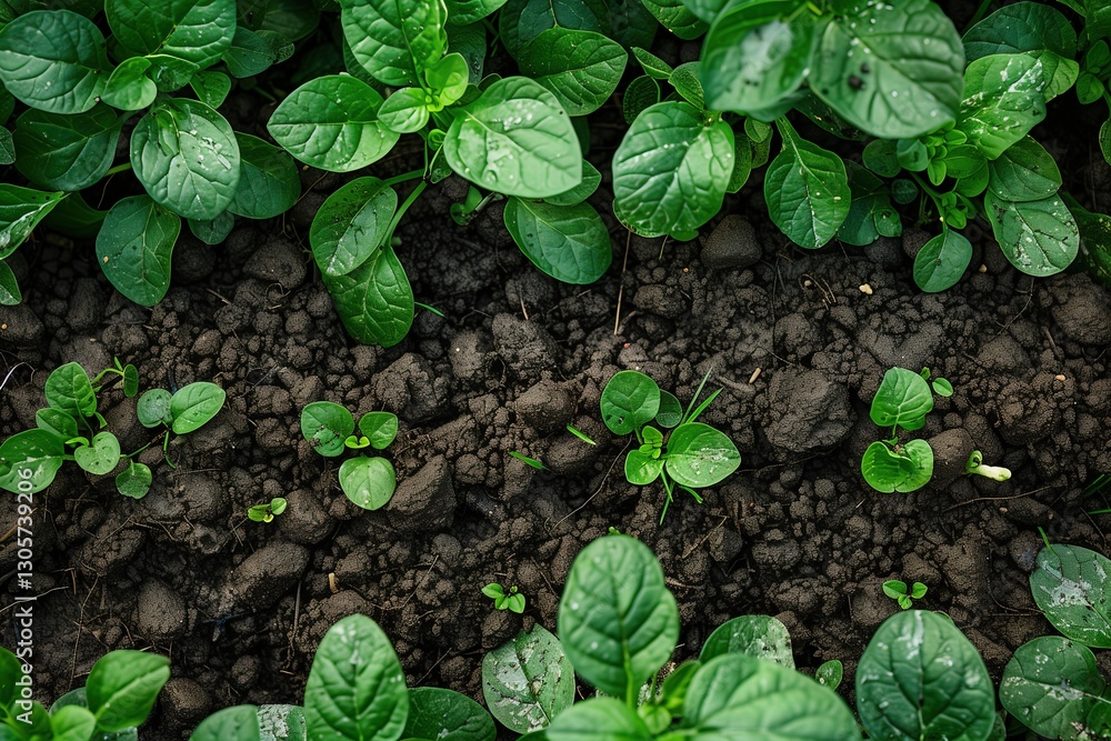 Obraz premium Fresh green spinach seedlings growing in dark fertile soil with water droplets. Young plants sprouting from rich earth in vegetable garden. Organic farming and food production, copy space, top view