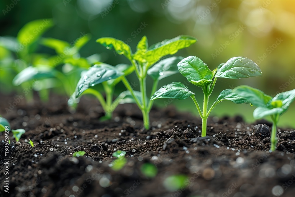 Young green seedlings growing in fertile soil with water droplets on leaves. Close up of plant sprouts emerging from rich soil, with copy space. Growth, agriculture and organic farming, copy space Young green seedlings growing in fertile soil with water droplets on leaves. Close up of plant sprouts emerging from rich soil, with copy space. Growth, agriculture and organic farming, copy space