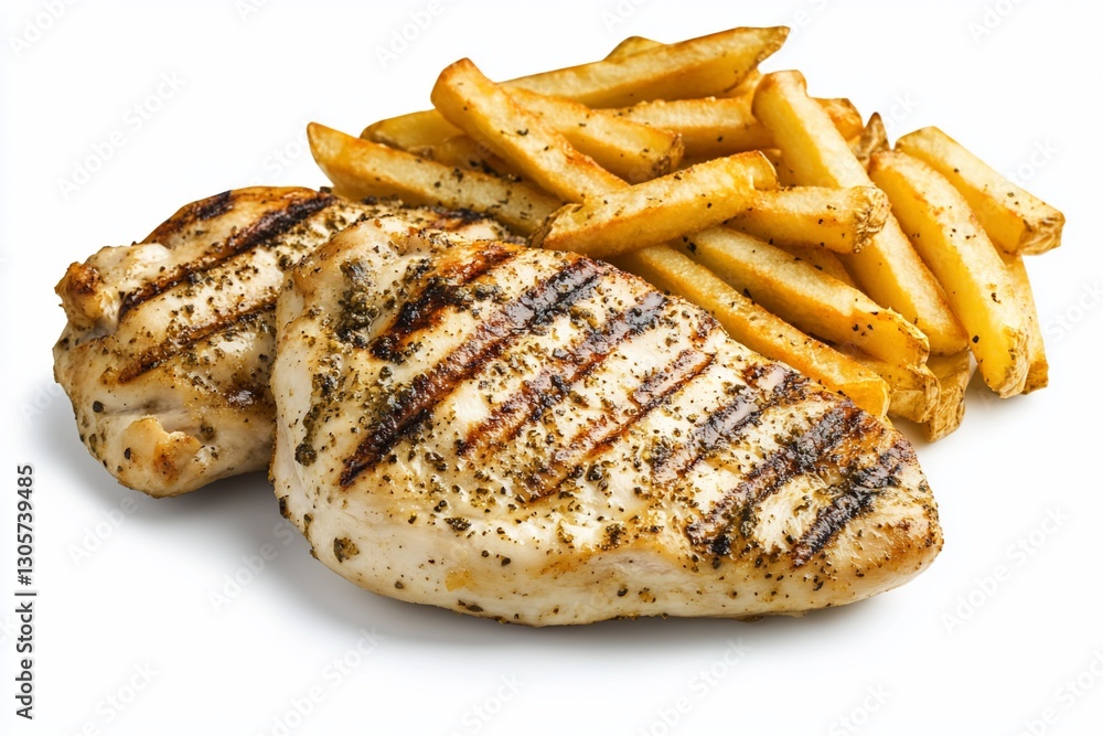Grilled chicken breast with seasoned fries. Grilled chicken breast with seasoned fries.