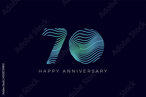 Numeric Design with Line Curve 70th, 70th Happy Anniversary with Gradient Colorful Line wave. Tech, futuristic and science concept