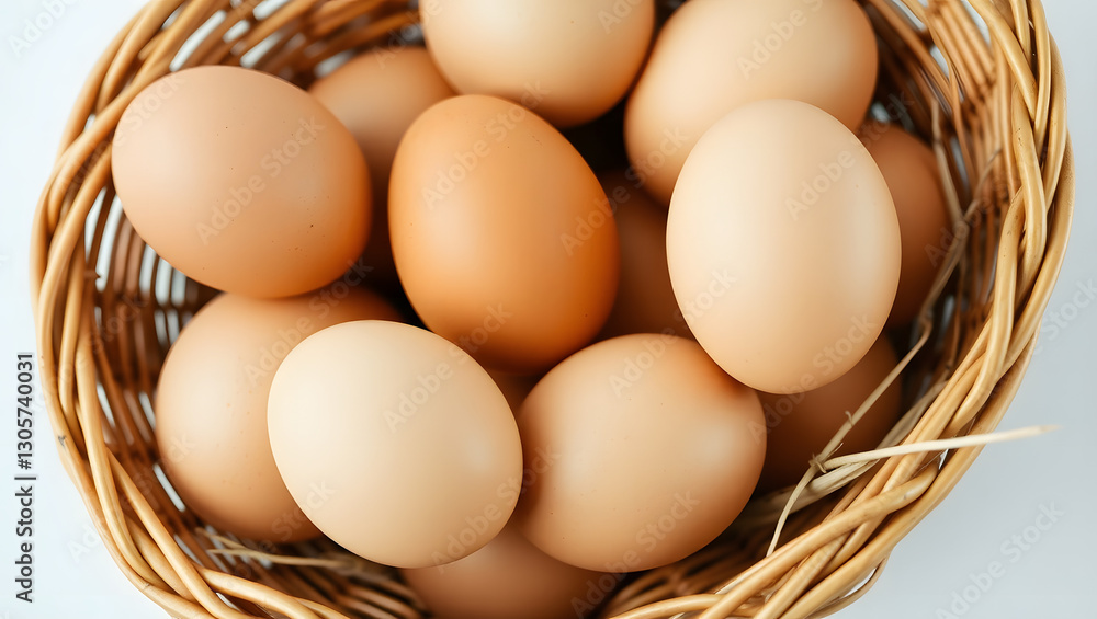 a basket filled with fresh, brown eggs. They are ready for cooking or baking. a basket filled with fresh, brown eggs. They are ready for cooking or baking.