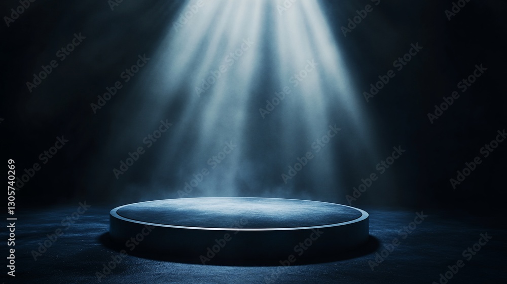 Dark, moody studio scene with a circular platform illuminated by spotlights, perfect for product display or presentations. Dark, moody studio scene with a circular platform illuminated by spotlights, perfect for product display or presentations.