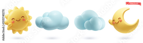 Sun, crescent moon, clouds. 3d cartoon vector icon set