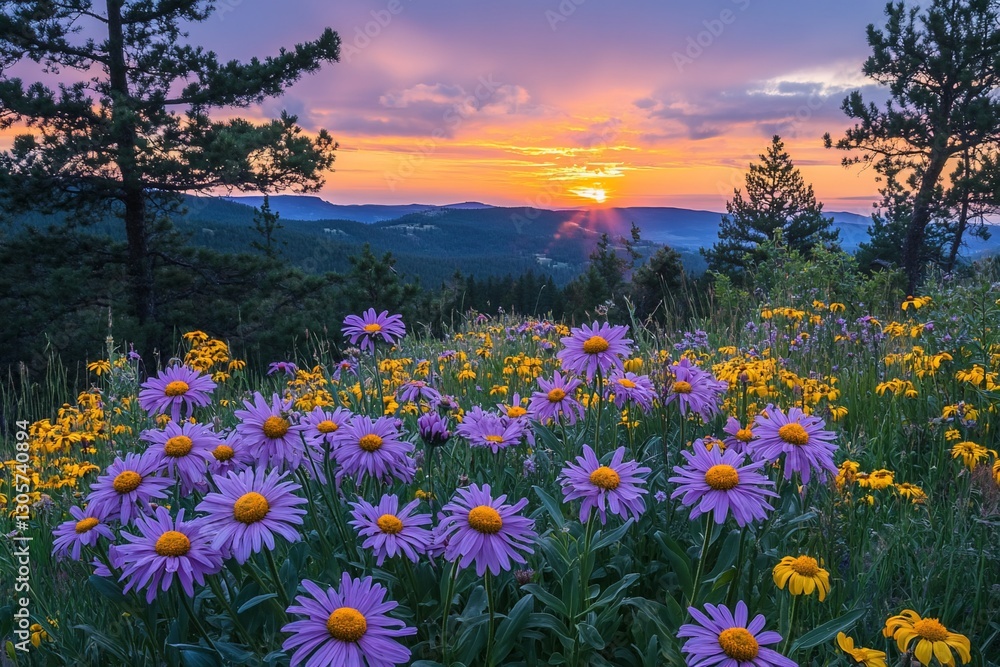 Fototapeta premium Vibrant sunset over mountain range with wildflowers in foreground.