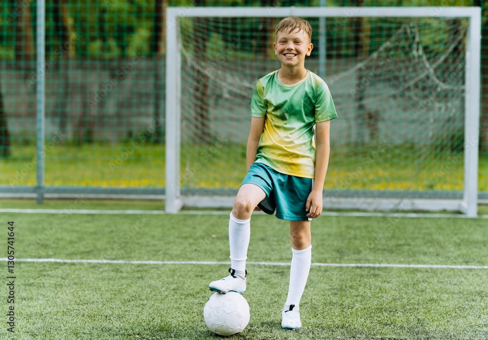 Young Boy Smiling with Soccer Ball on Playing Field Young Boy Smiling with Soccer Ball on Playing Field