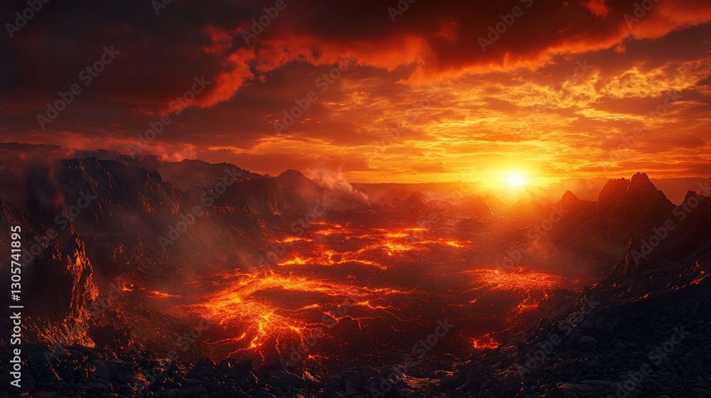 Fiery volcanic landscape at sunset, glowing lava flows and dramatic cloudscape. Fiery volcanic landscape at sunset, glowing lava flows and dramatic cloudscape.