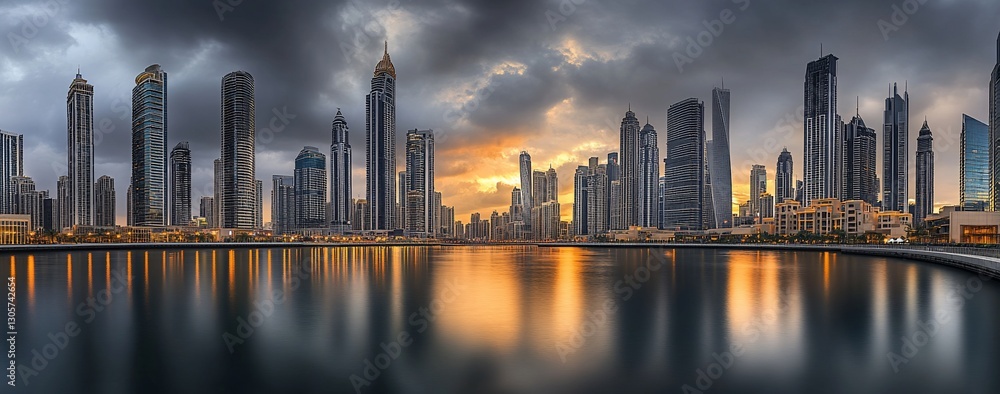 Fototapeta premium Dramatic sunset cityscape reflected in calm waters; modern skyscrapers.