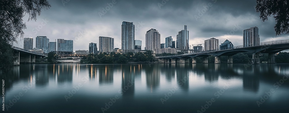 Naklejka premium City skyline reflected in calm water under a cloudy sky.