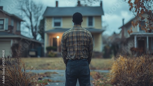 Moment of reflection for an ex offender standing in a traditional neighborhood contemplating his future