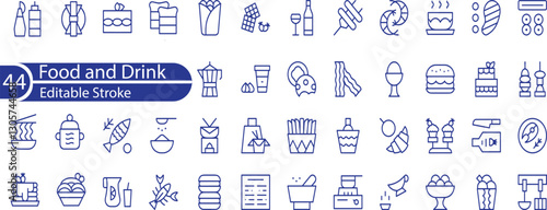 Food and Drink Line Editable Icons set. Vector illustration in thin line style of nutrition related icons . vegetables, fruits, desserts, meat, baked goods, drinks, and more.