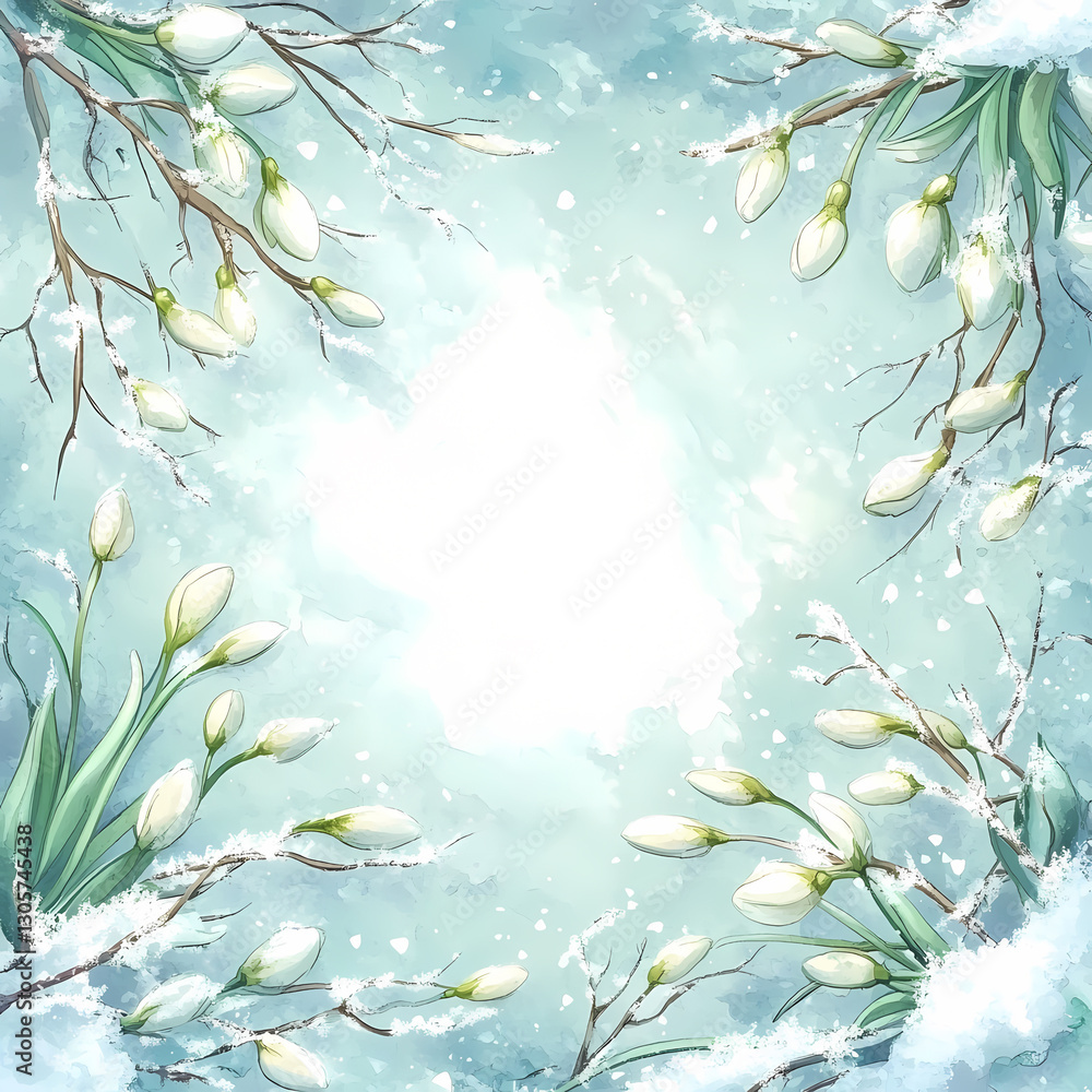 Delicate snowdrop flowers and snow covered branches create a natural frame around a soft, blank space, evoking the serene beauty of a winter landscape with copy space for text or design elements Delicate snowdrop flowers and snow covered branches create a natural frame around a soft, blank space, evoking the serene beauty of a winter landscape with copy space for text or design elements