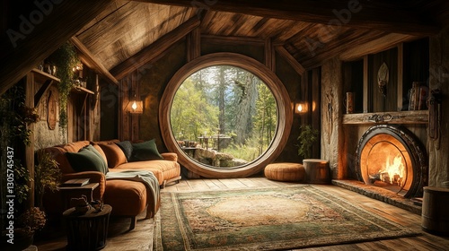 Cozy Rustic Cabin Living Room With Round Forest View