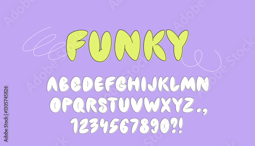 Bubble letters vector typeface. Puffy funky font y2k and graffiti aesthetic. Balloon alphabet with numbers and signs.