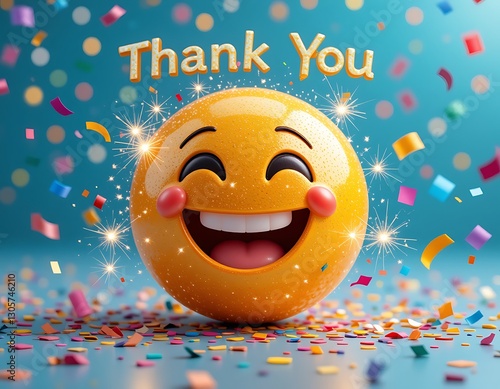 Joyful Thank You Emoji with Confetti and Sparkles