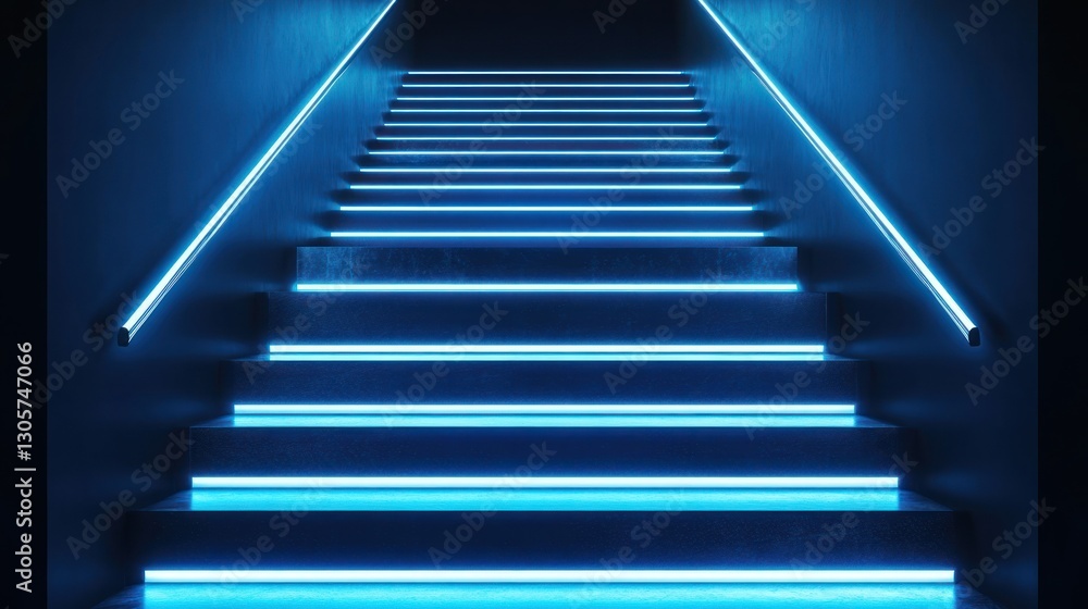 Fototapeta premium Neon Blue Staircase: Ascent into the Digital Realm