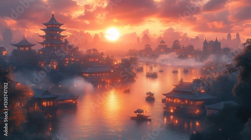 Wallpaper Mural Pagoda City at Sunset Reflecting on Water with Boats and Fog Torontodigital.ca