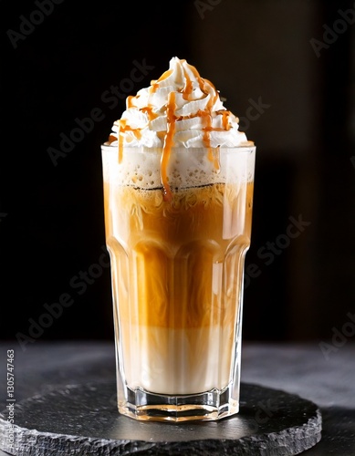 cold iced coffee with milk, topped with whipped cream and caramel drizzle on a dark background