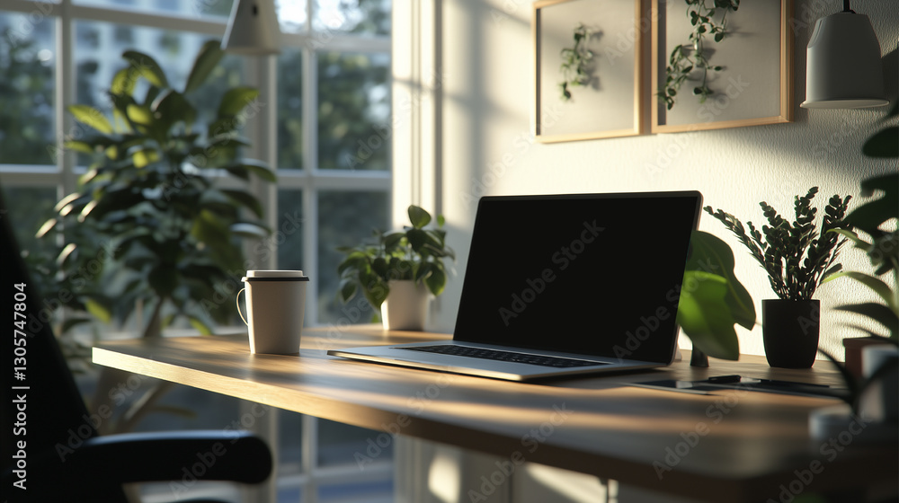 Fototapeta premium Home Office Work Table with Laptop Elegant Interior for Working in Home Indoor Design for Freelancer Black Screen of Laptop with Mouse Luxury Home Office with Cozy Modern Indoor Workspace