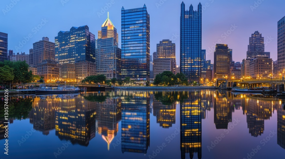 Naklejka premium City buildings illuminated at night, mirrored in tranquil water reflections.
