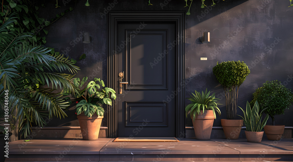 elegant black door of a an home or office , potted plants and vases on sides elegant black door of a an home or office , potted plants and vases on sides