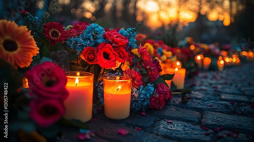 Moment of solidarity at a community vigil for victims of crime featuring candles and traditional floral arrangements
