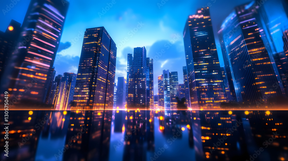 Fototapeta premium A high-tech cityscape at night with glowing skyscrapers reflecting on a smooth surface