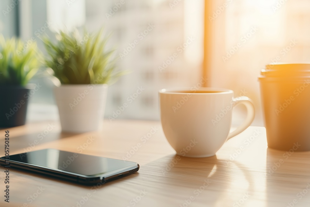 A well-lit modern workspace featuring a white coffee cup, a smartphone lying on the wooden desk, and potted plants near a bright window. A well-lit modern workspace featuring a white coffee cup, a smartphone lying on the wooden desk, and potted plants near a bright window.