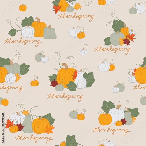 Festive Fall Thanksgiving Pumpkins, Gourds and Leaves on a Khaki Beige background creating a seamless pattern print background