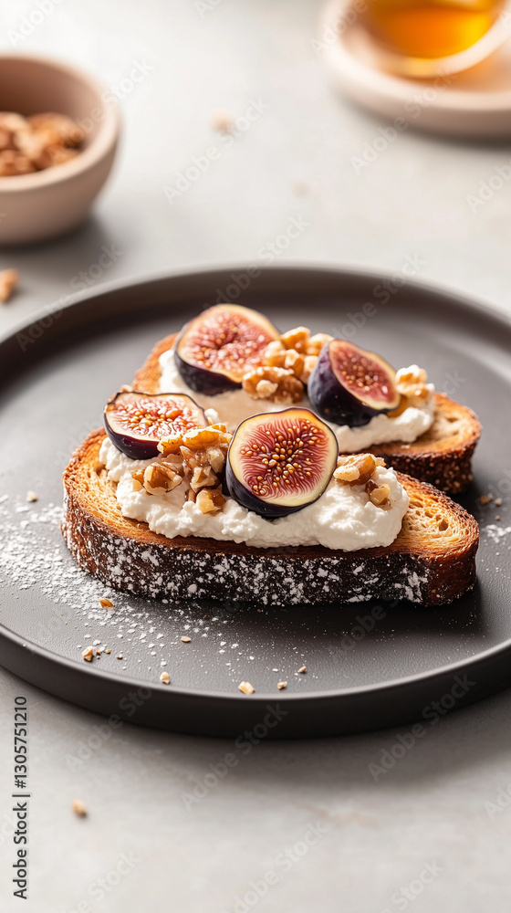 Trendy toast with ricotta, figs, honey, and crushed nuts. Vegetarian breakfast food concept Trendy toast with ricotta, figs, honey, and crushed nuts. Vegetarian breakfast food concept