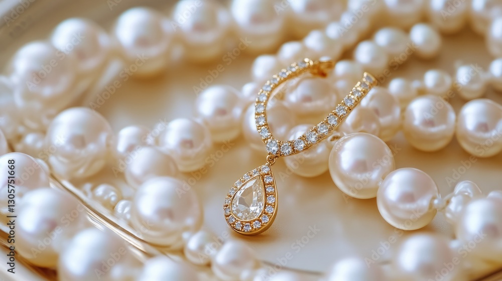 Obraz premium Classic gold teardrop earrings with diamonds, positioned on a pearl-lined display tray.