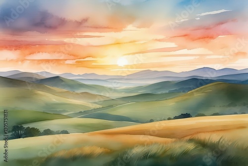 Sunrise over rolling hills with misty valley and golden fields
