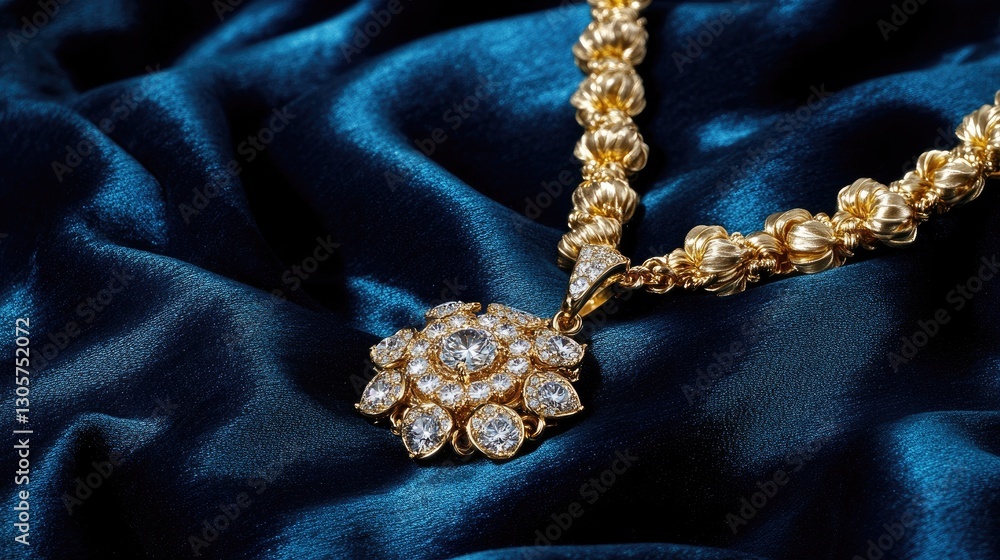 Close-up of an elegant gold necklace with diamond pendant, resting on a rich, deep blue velvet fabric. Close-up of an elegant gold necklace with diamond pendant, resting on a rich, deep blue velvet fabric.
