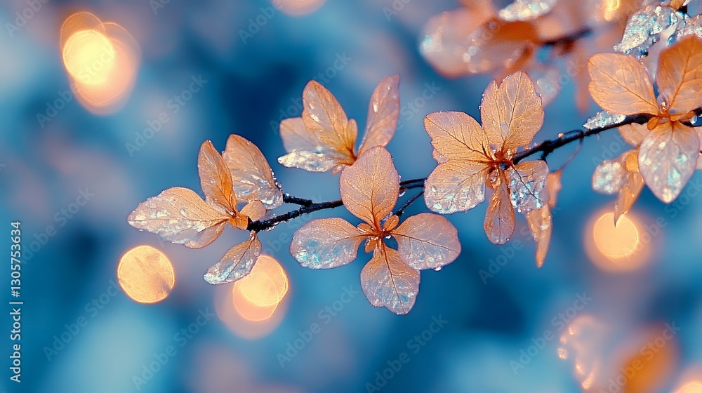 Glowing Leaves and Bokeh on a Branch - Dreamy Winter Scene Glowing Leaves and Bokeh on a Branch - Dreamy Winter Scene