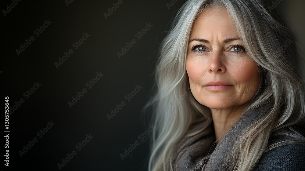 Fototapeta premium Gray haired woman portrait against dark background