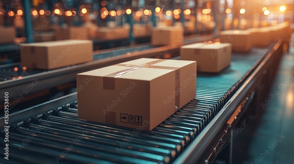 Cardboard boxes moving on automated conveyor belt in a warehouse Cardboard boxes moving on automated conveyor belt in a warehouse