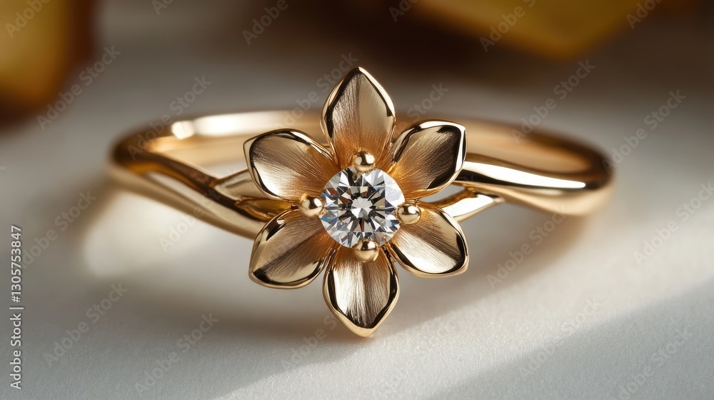 Close-up of a stunning gold flower ring with diamond, surrounded by soft, glowing ambient lighting. Close-up of a stunning gold flower ring with diamond, surrounded by soft, glowing ambient lighting.