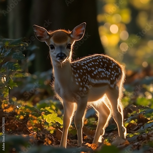Sunlight fawn in forest floor, serene woodland scene.  Use  Nature, wildlife, animals