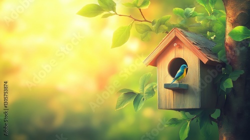 Bird with bird house box in Spring.