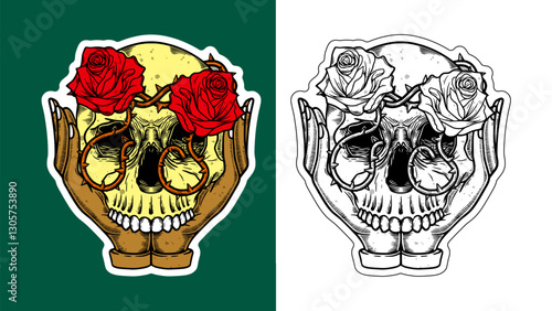 Skull Flower with Eyes Cartoon Sticker Illustration