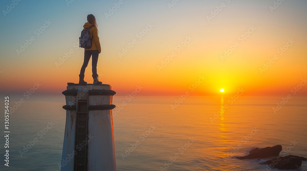 Woman Standing on a Lighthouse Watching the Ocean Sunset. Woman Standing on a Lighthouse Watching the Ocean Sunset.
