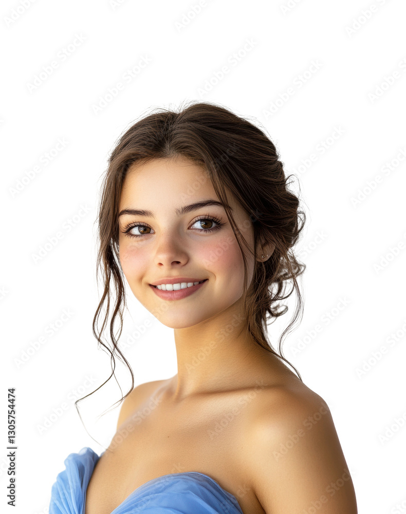 Portrait of a smiling young woman in blue dress beauty bright lifestyle concept isolated on transparent background Portrait of a smiling young woman in blue dress beauty bright lifestyle concept isolated on transparent background