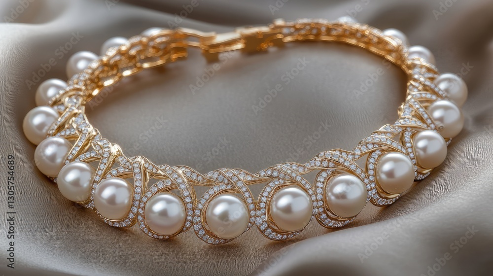 Close-up of intricate gold necklace with pearls and diamonds, placed on a soft silk cloth. Close-up of intricate gold necklace with pearls and diamonds, placed on a soft silk cloth.