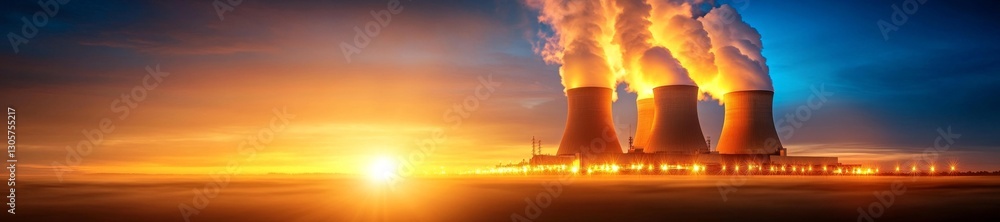 Obraz premium Industrial Nuclear Power Plant with Steaming Cooling Towers during Sunrise. Generative AI