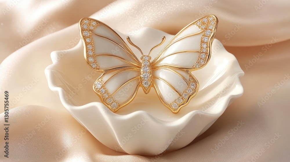 Elegant butterfly-shaped gold ring with diamonds, softly arranged on a designer ceramic jewelry dish. Elegant butterfly-shaped gold ring with diamonds, softly arranged on a designer ceramic jewelry dish.