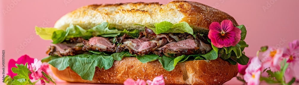 Artisanal sandwich plated with bright lettuce leaves, tender meat cuts, and delicate edible flowers, surrounded by a warm pink atmosphere
