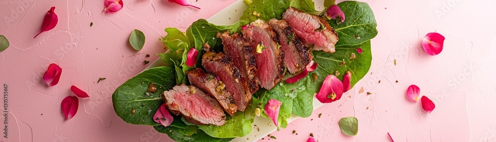 Artisanal sandwich plated with bright lettuce leaves, tender meat cuts, and delicate edible flowers, surrounded by a warm pink atmosphere Artisanal sandwich plated with bright lettuce leaves, tender meat cuts, and delicate edible flowers, surrounded by a warm pink atmosphere