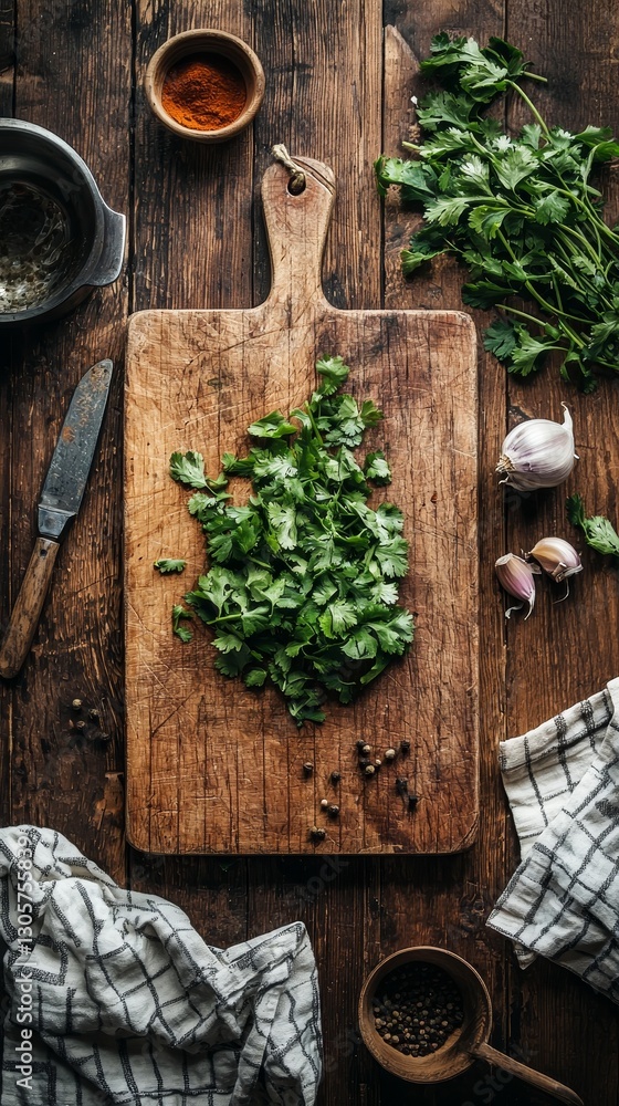 Artistic flat lay composition of cilantro on a weathered wooden cutting board, surrounded by spices, cooking utensils, and kitchen cloths in soft natural light Artistic flat lay composition of cilantro on a weathered wooden cutting board, surrounded by spices, cooking utensils, and kitchen cloths in soft natural light