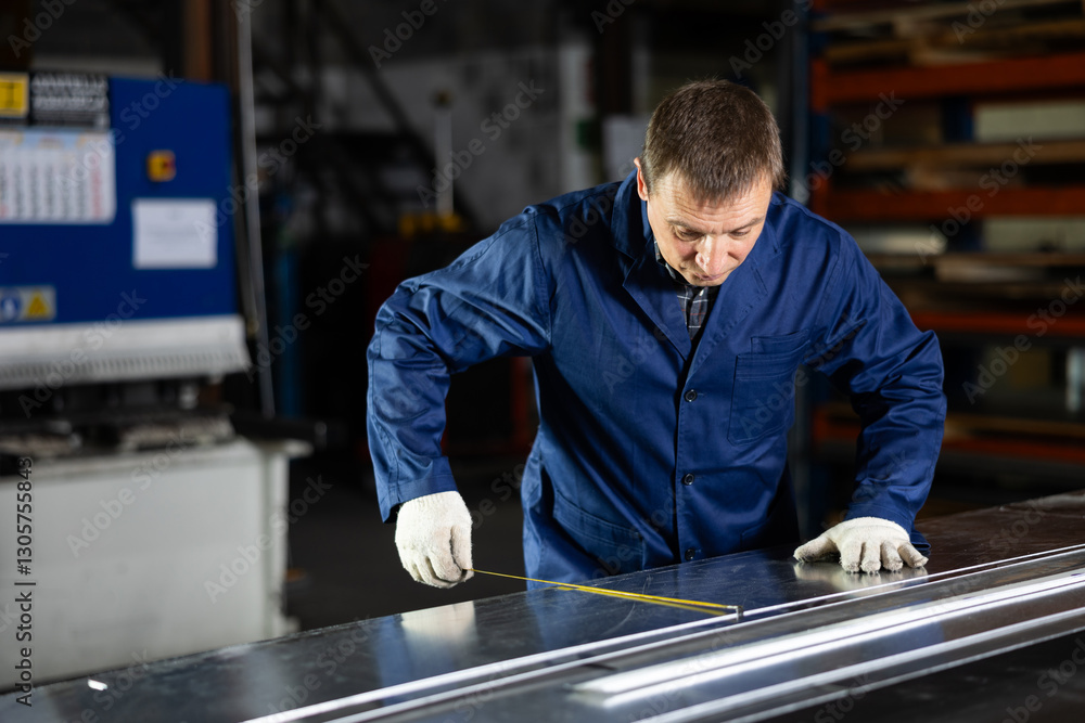 Adult man in uniform measures sheet of metal with tape measure at metallurgical factory Adult man in uniform measures sheet of metal with tape measure at metallurgical factory